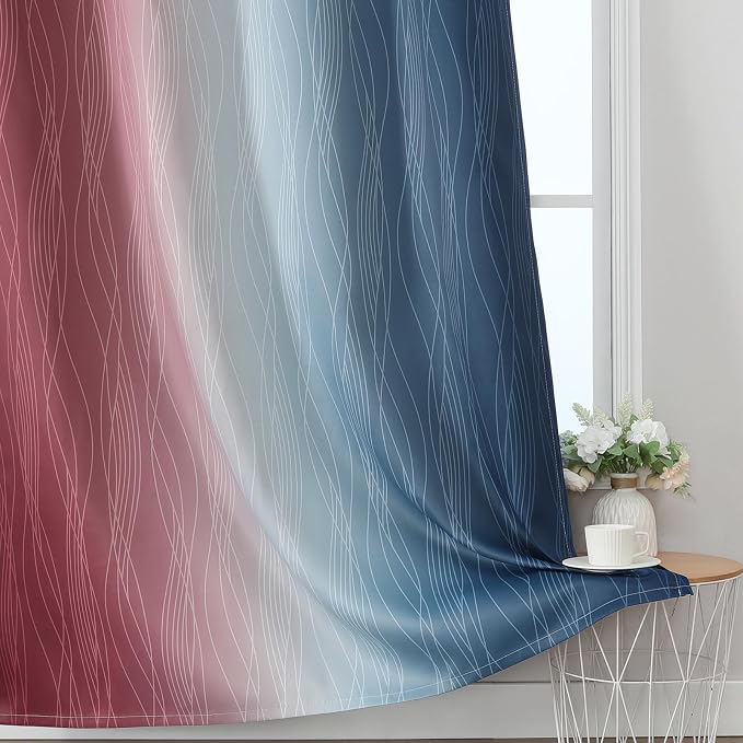 Navy Blue and Burgundy Red Ombre Blackout Bedroom Curtains 102 Inches Long | - Image 6