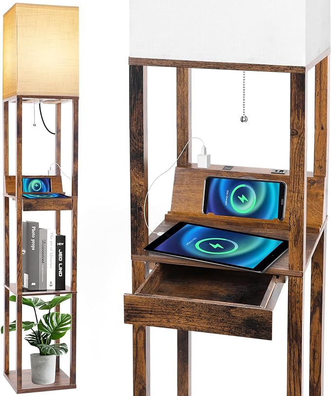 RUNTOP Floor Lamp with Shelves, Shelf Floor Lamp with Wireless Charger & 2 by RUNTOP