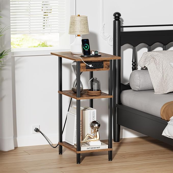 Asgolion Tall End Table with Charging Station, Skinny Nightstand with USB Ports - Image 2