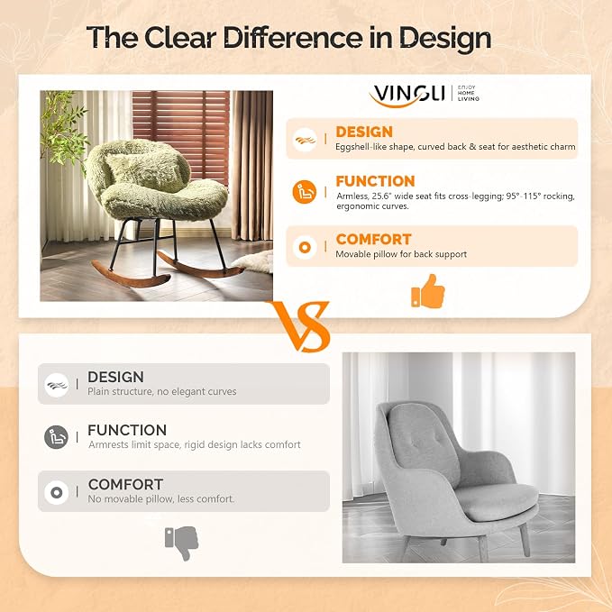 VINGLI 25.6" Extra Wide Criss Cross Nursery Rocking Chair, Cute Curved 115° - Image 3