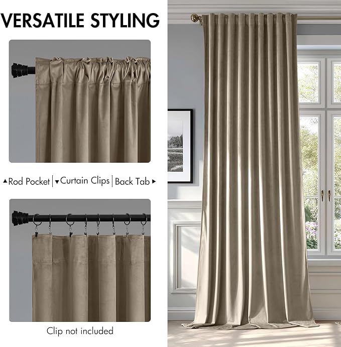 MIULEE Taupe Velvet Curtains 52x90 inches Luxury Blackout Curtains | Thermal - Image 2