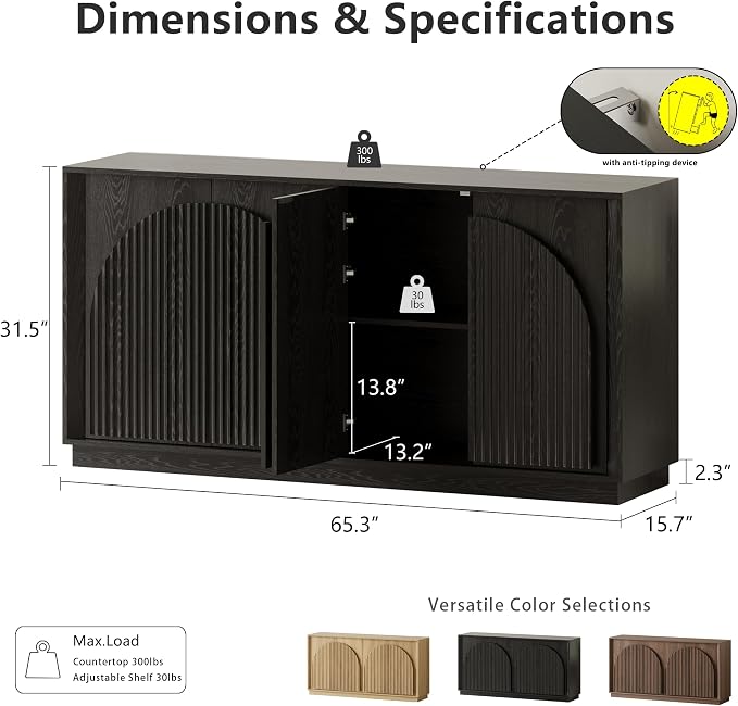 WIN2WIN 65" Fluted Sideboard Buffet Cabinet - Image 2