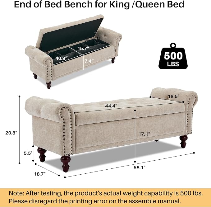 SOFTHION 58.1" Storage Bench Upholstered Chenille End of Bedroom Bed Bench - Image 2