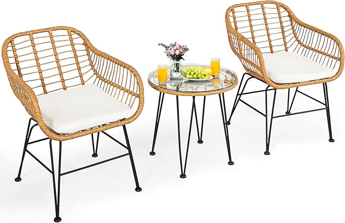 Tangkula 3 Pieces Patio Bistro Set, Rattan Conversation Set by TANGKULA