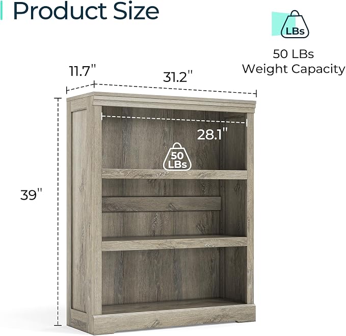 LINSY HOME 3-Tier Bookshelf, Small Wood Display Storage Shelves Farmhouse - Image 3