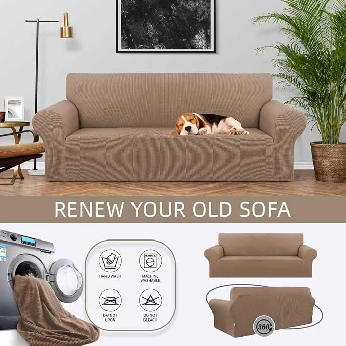 Stretch Couch Covers for Sofa, 3 Cushion Couch Slipcover, Camel | 1-Piece - Image 3