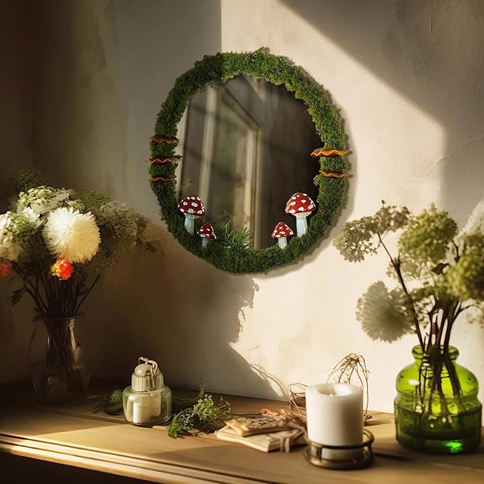 EVOLUX Wall Mirror Mushroom Decor Handmade Moss Round Hanging Mirror Cottage by EVOLUX