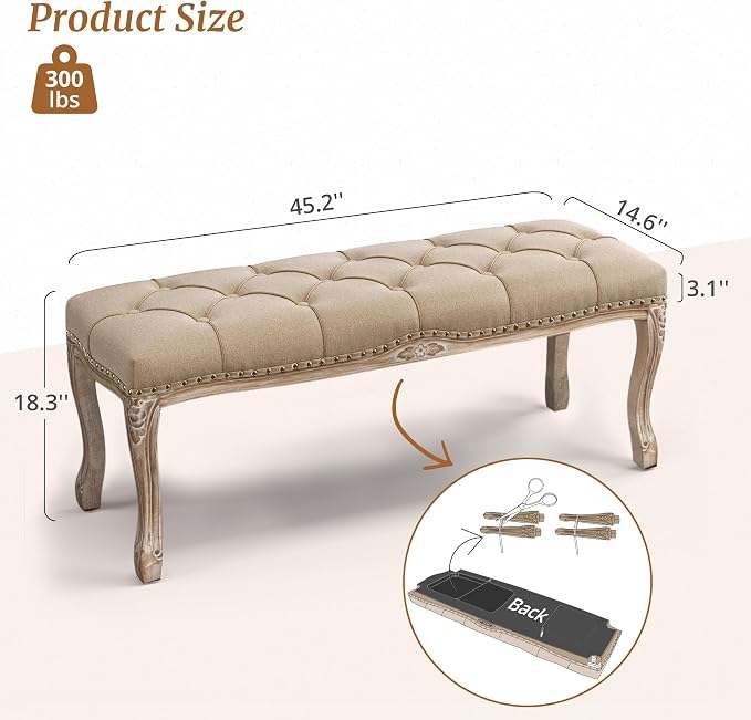 Cozyman Bedroom Bench, French Vintage Tufted Entryway Bench, 45.2" Carving - Image 3