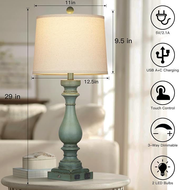 Cinkeda 29" Tall Table Lamp for Living Room Set of 2, Vintage Bedside - Image 2