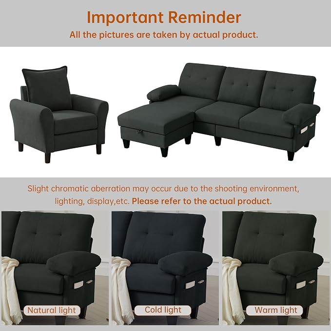 2PCS Sectional Sofa Set with Ottoman, Modern Linen 4 Seater Couch Set with Side - Image 7