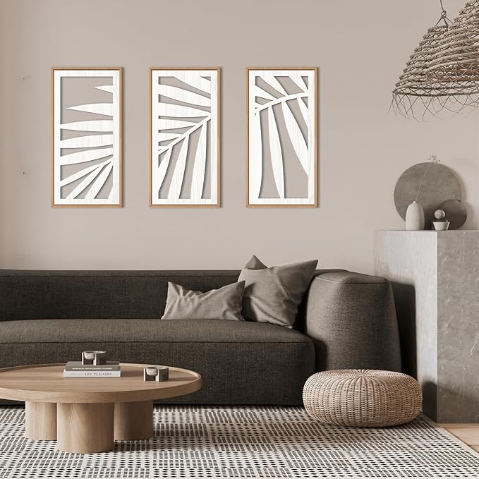 IARTTOP Tropical Palm Tree Leaf Wood Wall Art White Framed 8x16 Inch Set of 3 - Image 3