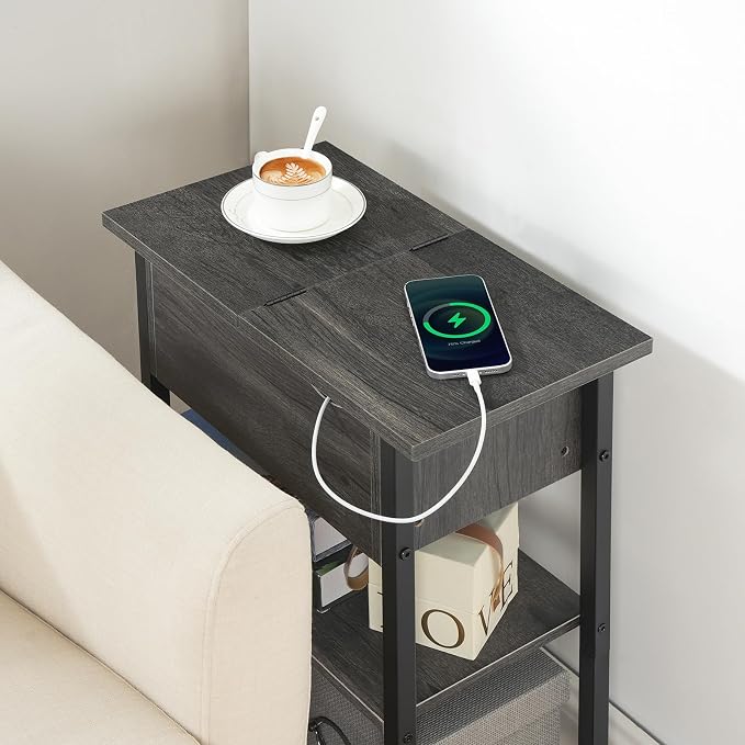 HOOBRO End Table with Charging Station, Narrow Side Table, Flip Top Nightstand - Image 4