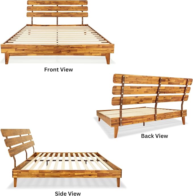 Bme Caden King Size Bed Frame and Adjustable Headboard, 15 Inch Mid Century - Image 3
