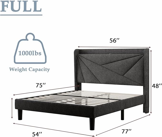 Feonase Full Bed Frame with Charging Station, Linen Upholstered Platform - Image 2