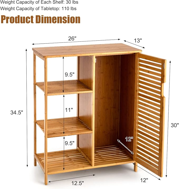 Tangkula Bamboo Bathroom Floor Cabinet, Storage Cabinet - Image 3