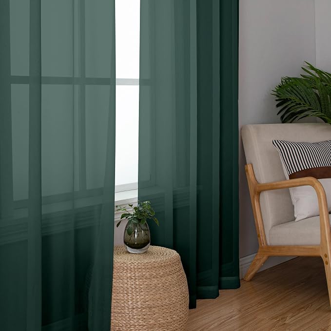 Chyhomenyc Sheer Curtains 63 Inch Length 2 Panels, Hunter Green | Light - Image 3