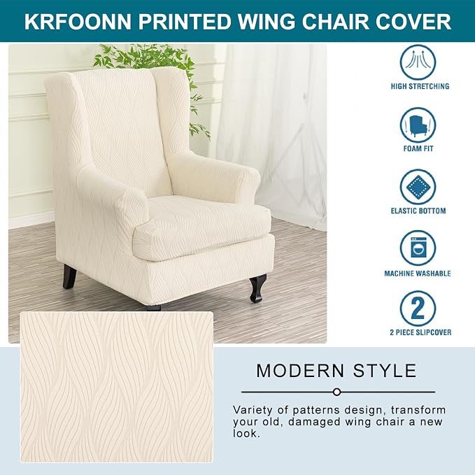 KRFOONN Stretch Wing Chair Slipcovers Jacquard 2 Piece Wingback Chair Covers - Image 6