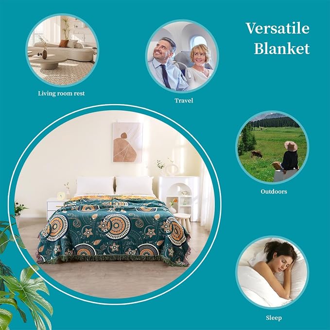 Boho Throw Blanket for Bed 100% Cotton Ultra Soft Rustic Quilt Spring Blanket- - Image 3