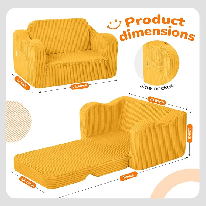 MeMoreCool Toddler Couch, 2-in-1 Corduroy Kids Couch Fold Out to Lounger - Image 3