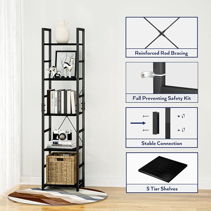 NUMENN 5 Tier Slim Bookshelf, Tall Bookcase Shelf Storage Organizer, Modern - Image 6