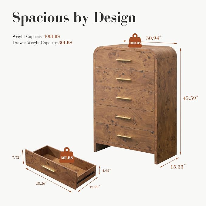 Curved 5-Drawer Dresser for Bedroom, 45.59" Tall Modern Chest of Drawers - Image 2