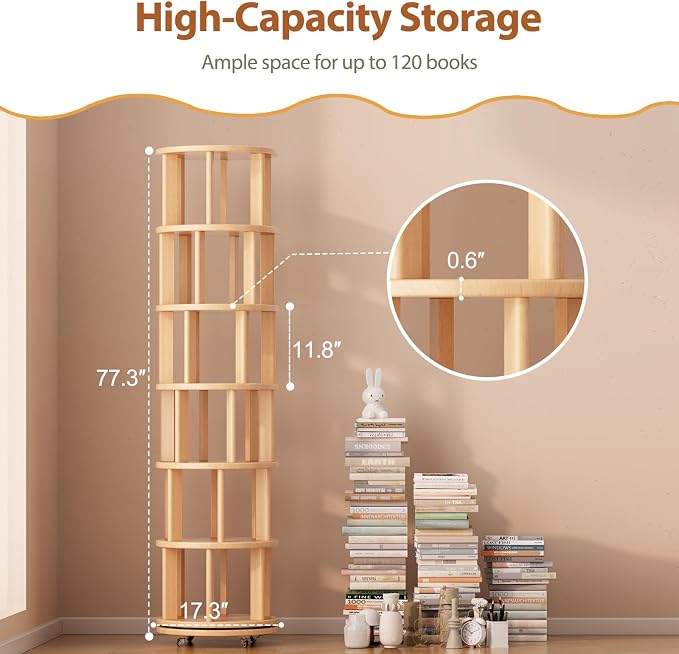Muwuele Solid Wood Rotating Bookshelf on Wheels, 6 Tier, Round Revolving - Image 2