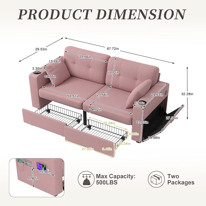 67" Small Loveseat Couch with Storage, USB Charging and Cup Holder, Space - Image 3