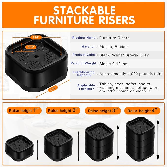 Furniture Risers Adjustable Bed Risers Heavy Duty Lifts Height 2", Square - Image 2