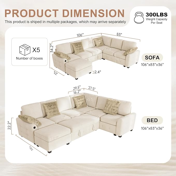 Hanherry Sectional Couch with Pull Out Sofa Bed, Chenille Sleeper Sofa with - Image 2