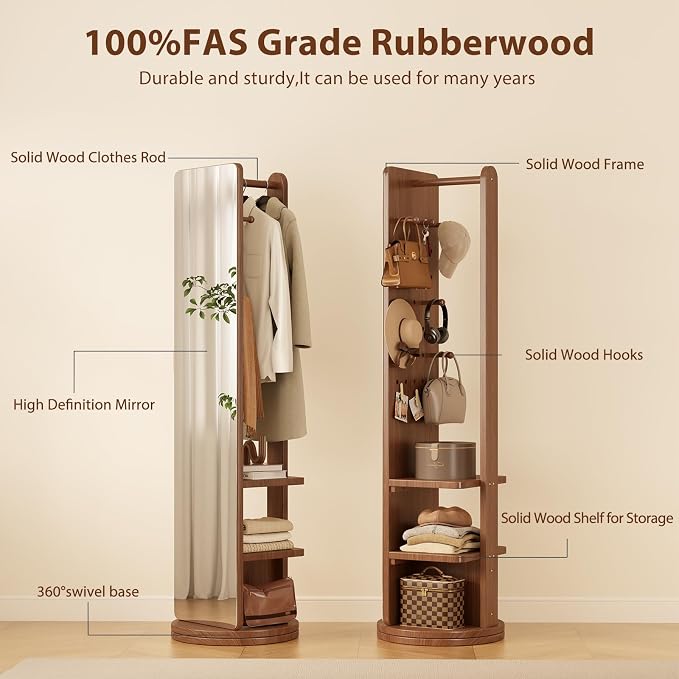 WoodsWhisper Full Length Mirror Coat Rack Solid Wood Floor Mirror 66"x12" Full - Image 3