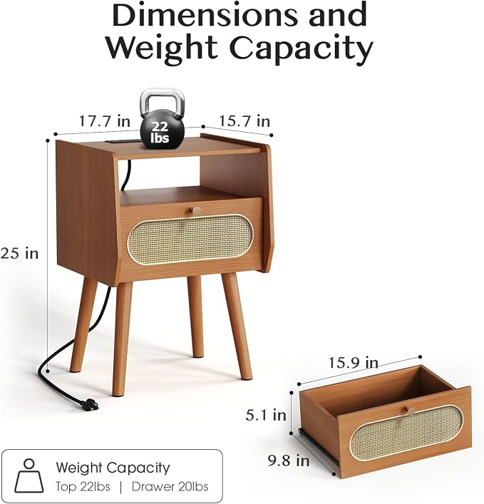 JOINICE Night Stand Set 2, Mid Century Modern Nightstands Drawer, Rattan - Image 2