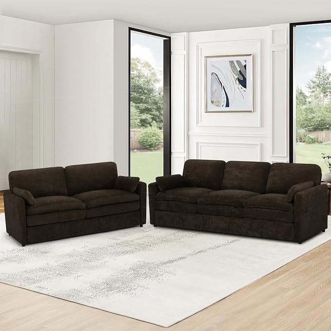 Comfy Chenille Sofa Set with Well-Filled Pillows, Modern 3 Seater and Loveseat - Image 4