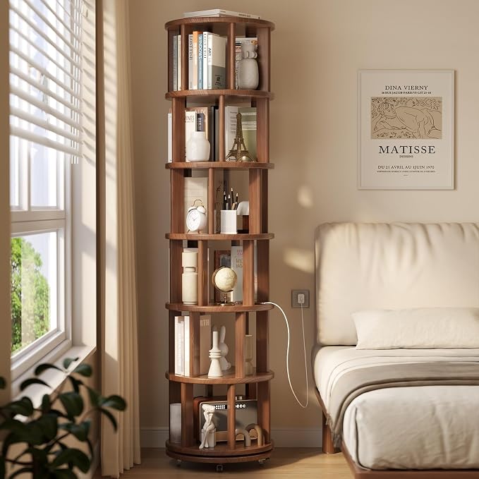Muwuele 6 Tier Rotating Bookshelf Tower, Solid Wood Bookshelf on Wheels - Image 8