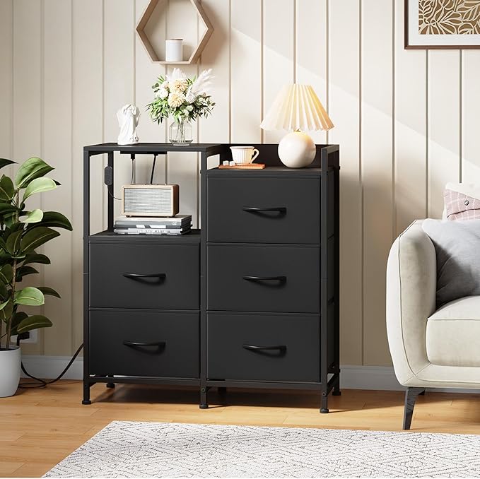 Somdot Black Nightstand with Charging Station and LED Light, Wide 5 Drawers - Image 2