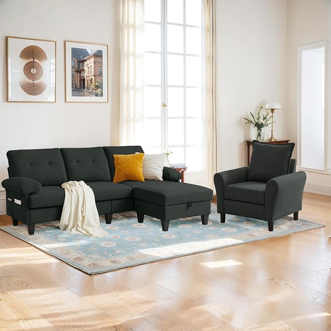 2PCS Sectional Sofa Set with Ottoman, Modern Linen 4 Seater Couch Set with Side - Image 8