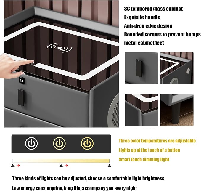 Smart Bedroom Nightstand with Fingerprint Lock and Adjustable LED Lights - Image 6