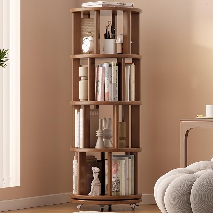 Muwuele Solid Wood Rotating Bookshelf on Wheels, 4 Tier, Round Revolving by Muwuele