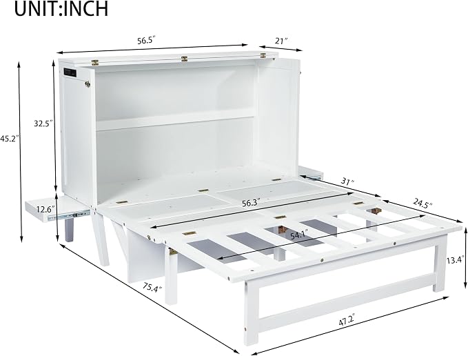 Full Size Murphy Bed with USB Port and Removable Shelves on Each Side, Solid - Image 2