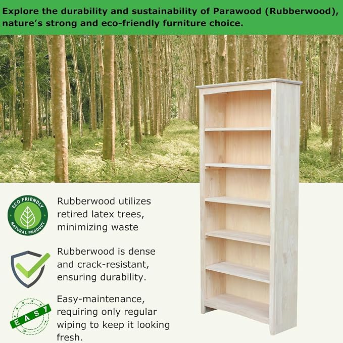 International Concepts Shaker Bookcase 72-Inch Tall, Solid Parawood, 5-Shelf - Image 3