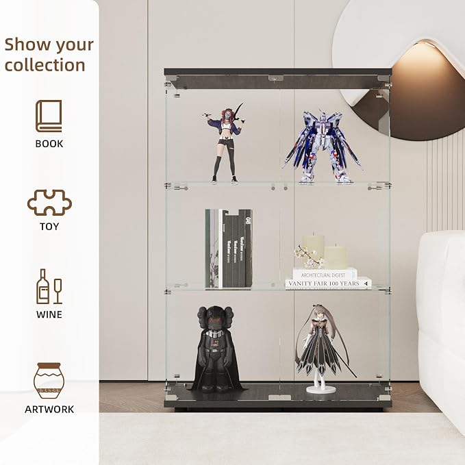 Display Cabinet with Glass Door and Lock, 3-Shelf Fast Installation Curio - Image 7