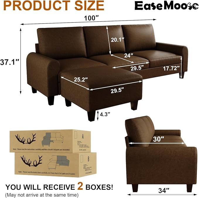 EASE MOOSE Large Seat Faux Leather L Shaped Sofa, Waterproof and - Image 2