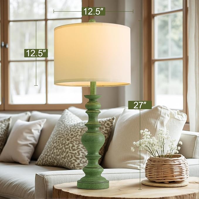 BOBOMOMO 27" Sage Green Table Lamps Set of 2, Large Farmhouse Resin Lamps - Image 4