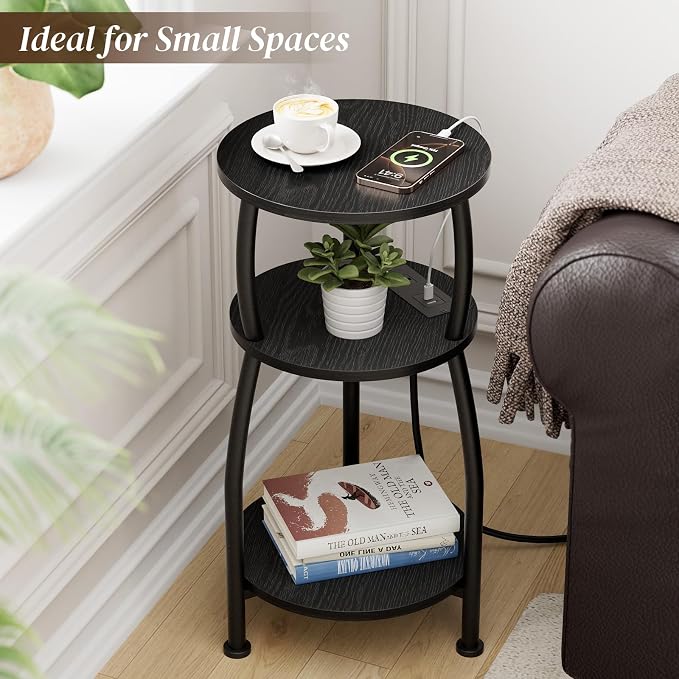Round Side Table with Power Outlet & USB Ports, 3-Tier End Table with Storage - Image 4