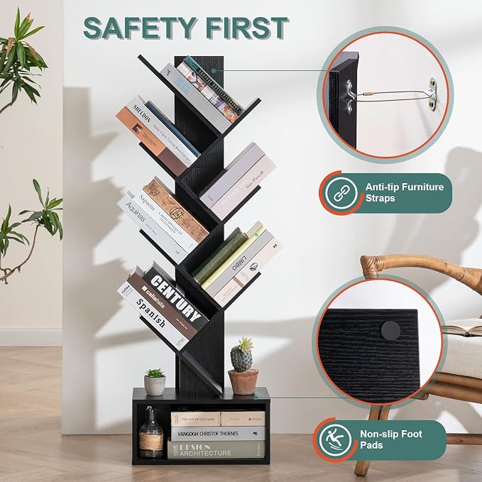 Yoobure Tree Bookshelf, 6 Tier Small Book Shelf Retro Floor Standing Bookcase - Image 5