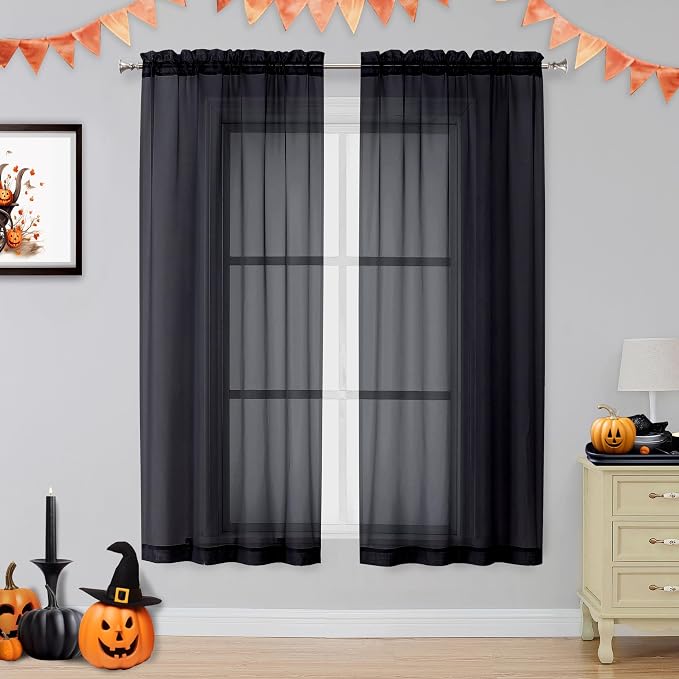 2 Panels Sheer Black Curtains 54 Inches Length Window Treatment by OVZME