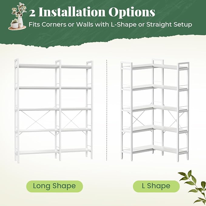 Huuger 5 Tier Bookshelf, L Shaped Corner Bookshelf - Image 7