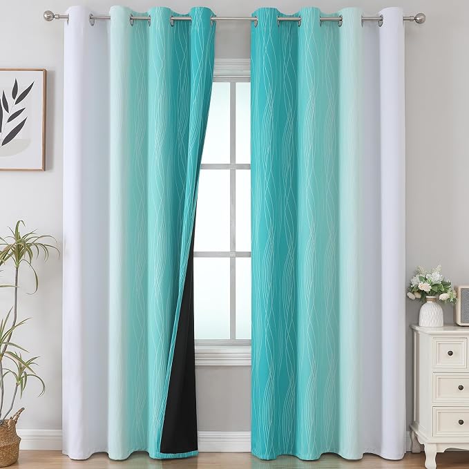 Teal and Grayish White Ombre Blackout Curtains - Image 2