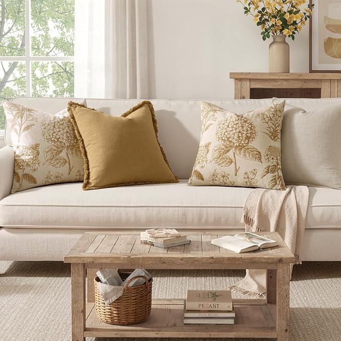 Set of 2 Decorative Floral Pillow Covers 20x20 Inch Light Yellow | Neutral - Image 4