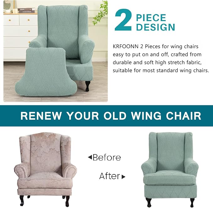 KRFOONN Stretch Wing Chair Slipcovers Jacquard 2 Piece Wingback Chair Covers - Image 4