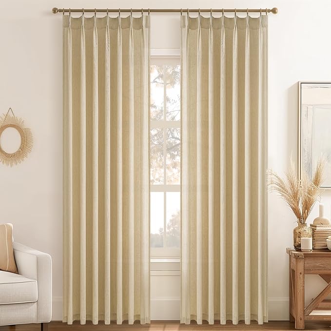 Topfinel Natural Beige Pinch Pleated Semi Sheer Curtains Textured Linen Blended - Image 8